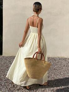 Livesso Beach Party Holiday Outfit Easter Vacation Summer V-Neck Waist Cinched Mid-Length Dress For Women Sundress - Beige - View 2