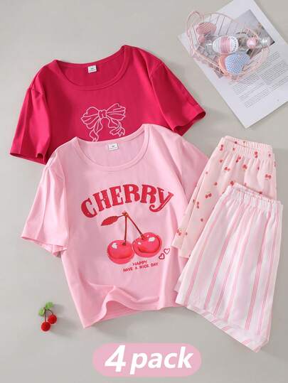 SHEIN Bộ đồ ngủ 4 món cho bé gái tuổi teen: Quần sọc chữ Cherry màu hồng, quần in nơ, áo tay ngắn và quần short vải họa tiết quả cherry toàn thân.
