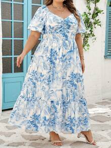 SHEIN CURVE+ Curve 尺码 US22 音乐节、海滨度假、波西米亚风女式度假风印花泡泡袖荷叶边下摆浪漫婚礼/毕业典礼/返校派对可爱休闲单身派对复古夏季橙色热带印花长裙，蓝白印花长裙 - 藍白色 - 查看 7