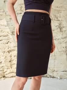 MOTF PREMIUM SOLID BUCKLE BELTED SPLIT BACK PENCIL SKIRT - Blue - View 4