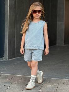 Tween Girls Denim 2-Piece Set,Girls Summer Outfits,Back To School Clothes Vacation - Light Wash - View 2