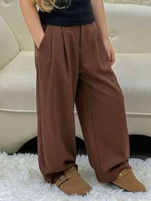 DAZY Tween Girls Solid Color Woven Wide Leg Pants, Fall - Brown - View 3