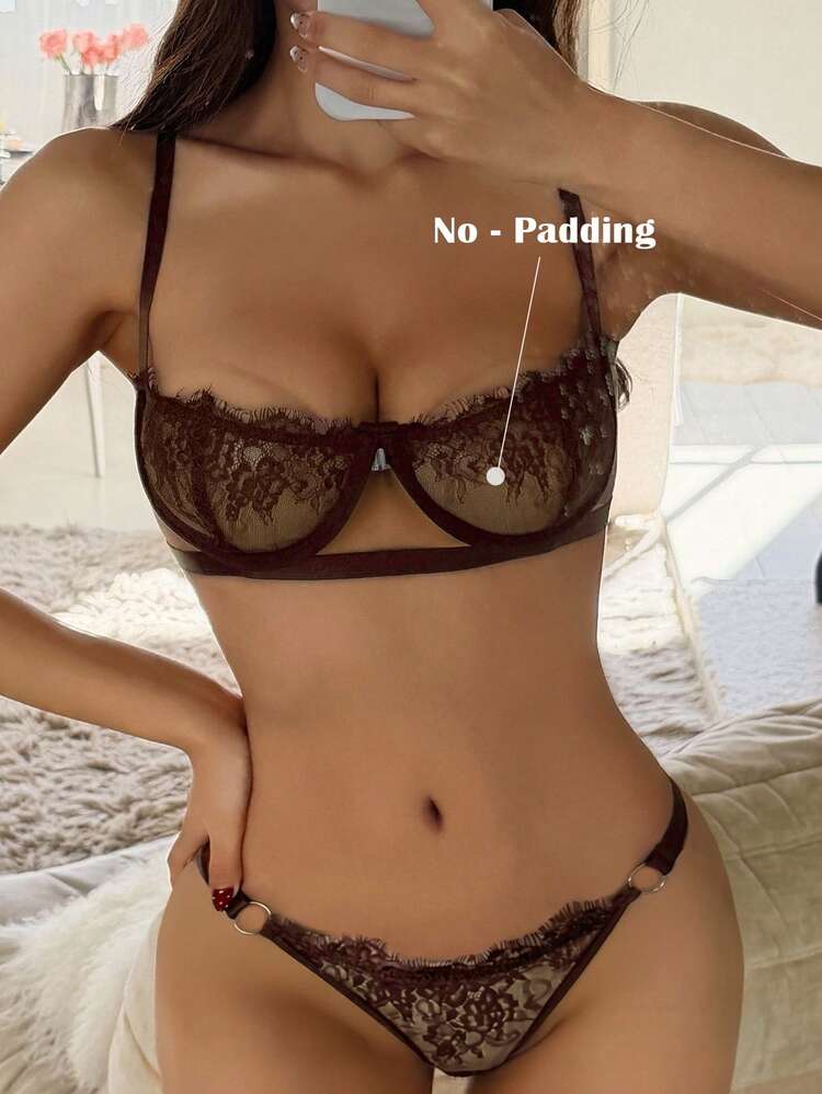 2pcs Lace Underwire Hollow-Out Strap Sexy Lingerie Set For Women