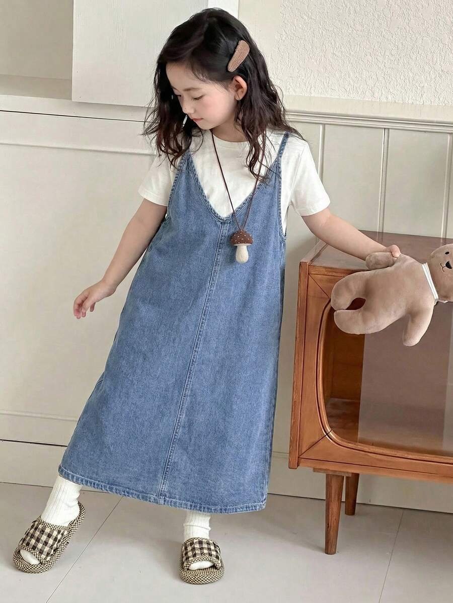 DAZY Tween Girls' Loose Casual Versatile Denim Jumper Dress - Light Wash - View 1