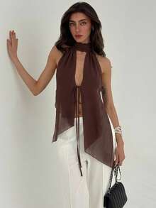 Aloruh 咖啡色露背雪纺性感无袖上衣，适合度假和通勤。 - 咖啡棕 - 查看 6
