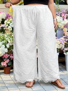 SHEIN CURVE+ Curve 尺码 US22 音乐节、海滨度假、波西米亚风女士刺绣休闲度假裤 - 白色 - 查看 8