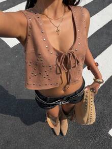 Muchica Women's Summer Pastal Suede Vest,Rhinestone Front Tie Sleeveless Waistcoat,Boho Sexy Music Festival Western Style Y2K Cropped Top For Streetwear Golf - Brown - View 5