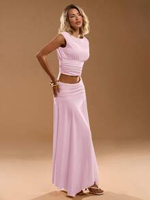 SHEIN BAE Conjunto de 2 piezas de top que ciñe la cintura y falda larga de unicolor para mujer - Rosa coral - Ver 5