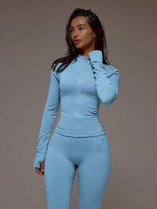 Musera Sport Zip Active BBL 夹克搭配喇叭褶皱臀部紧身裤套装 运动健身健身房普拉提日常休闲烟晶色 - 藍色 - 查看 3