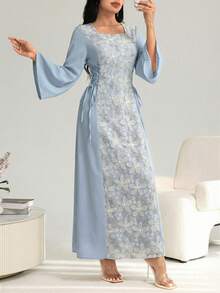 Yasmyna 女士优雅方领拼接刺绣腰带连衣裙，春夏款 - 藍色 - 查看 6