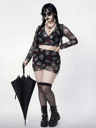 ROMWE Goth 2026新款加大码哥特风三件套泳衣，骷髅玫瑰印花比基尼+网纱上衣+迷你裙，显瘦个性派对泳装
