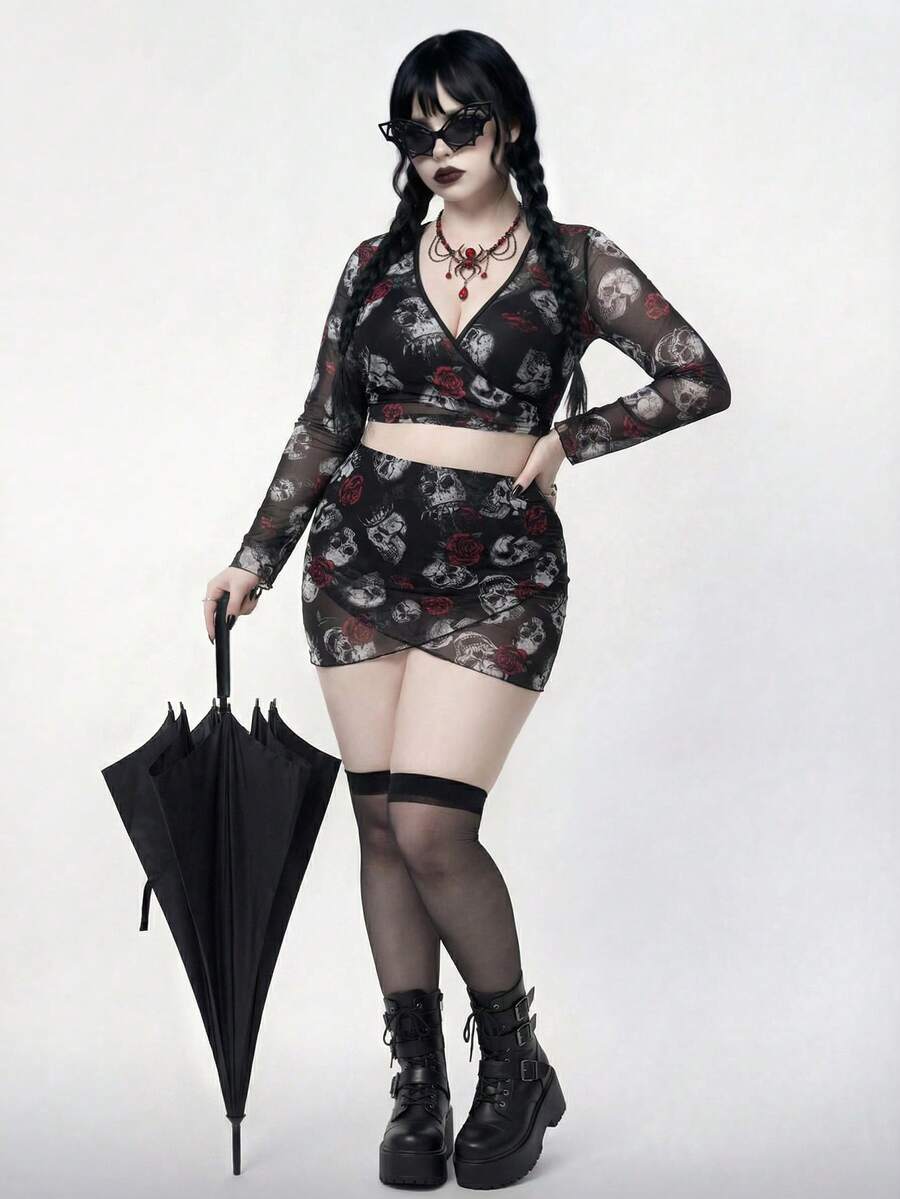 ROMWE Goth 2026新款加大码哥特风三件套泳衣，骷髅玫瑰印花比基尼+网纱上衣+迷你裙，显瘦个性派对泳装 - 黑色 - 查看 1