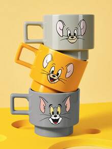 TOM & JERRY X SHEIN 1个12.7盎司/375毫升可叠放卡通图案印花马克杯，耐冷耐热，可用于微波炉和洗碗机，适用于盛装水、牛奶、果汁、咖啡。 - 灰色 - 查看 9