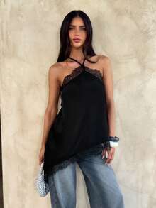 Opulessa 女士撞色蕾丝吊带背心，适合春夏度假 - 黑色 - 查看 3