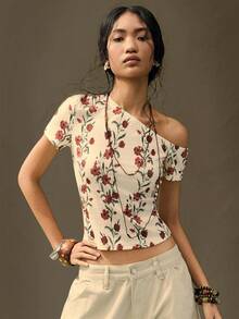 SoleilVie Women's Casual Floral Print Asymmetrical Shoulder Crop Top, Summer - Multicolor - View 4