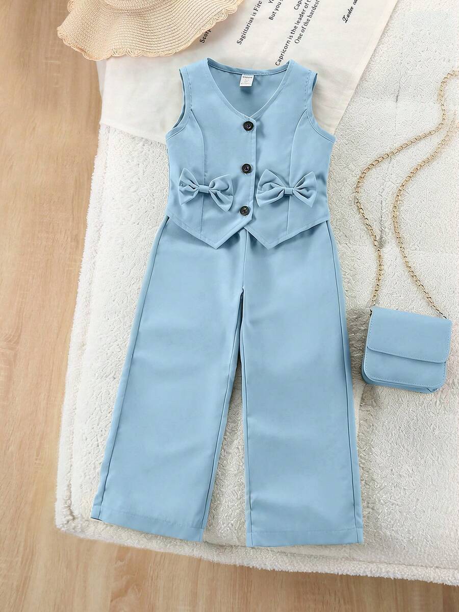 Elladie kids 两件套米色吊带背心，正面饰有纽扣蝴蝶结，搭配阔腿裤，适合休闲、活动、正式场合、返校穿搭。 - 淺藍色 - 查看 1