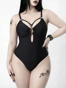 ROMWE Plus Size One-Piece Gothic Style Sexy Swimsuit - Black - View 3