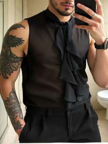 Manfinity Dauomo 加大码男士纯色雪纺薄纱系带荷叶边下摆背心，适合派对和聚会穿着 - 黑色 - 查看 4