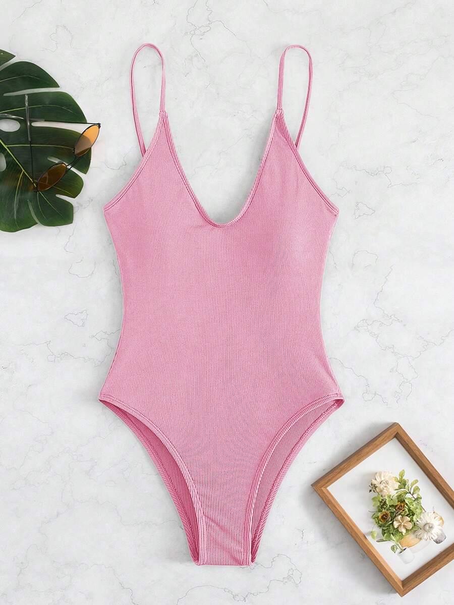 SHEIN Swim 纯色吊带连体泳衣,适合度假和海滩穿着 - 淺粉色 - 查看 1