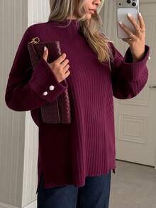 SHEIN Rib-Knit Mock Neck Sweater With Faux Pearl Cuff Buttons - عنابي اللون - مشاهدة 4