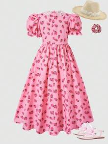 SHEIN 少女连衣裙，女童数码碎花连衣裙，白色底，点缀散落花朵，领口饰有胸针，泡泡袖，优雅夏日度假风 - 粉色 - 查看 2