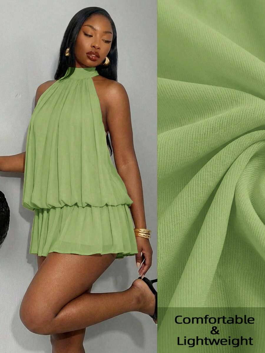 SHEIN SXY 大码性感纯色露背吊带迷你连衣裙,夏季 - 綠色 - 查看 1