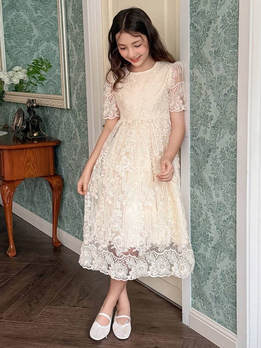DAZY Tween Girls Summer New Arrival Elegant Round Neck Embroidered Waist Cinched High-Waist Lace Dress - Apricot - View 1