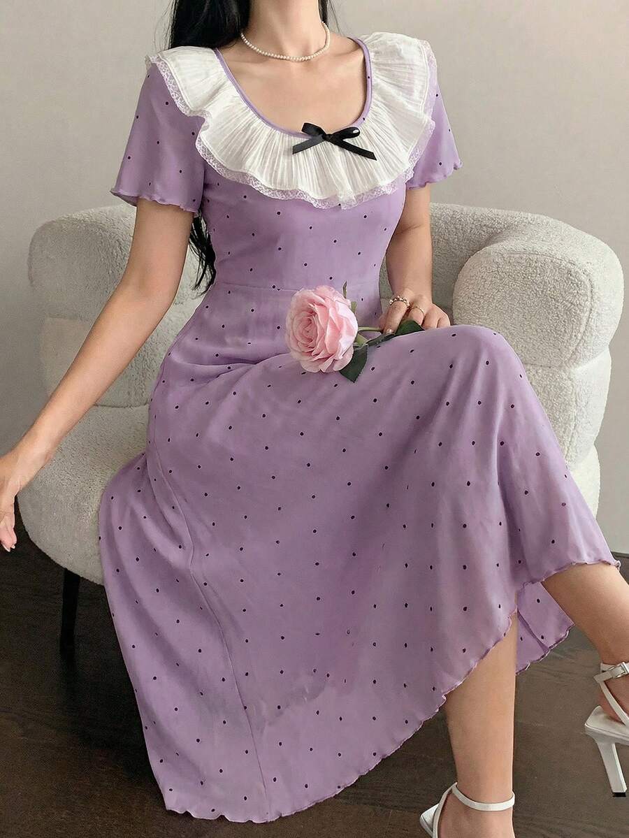 DAZY Polka Dot All-Over Print Ruffle Collar Bow Decor Short Sleeve Loose Nightgown For Women - Purple - View 1