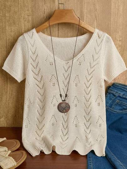 SHEIN Franclia Blusa de punto de unicolor con cuello en V, manga corta y diseño hueco, para verano