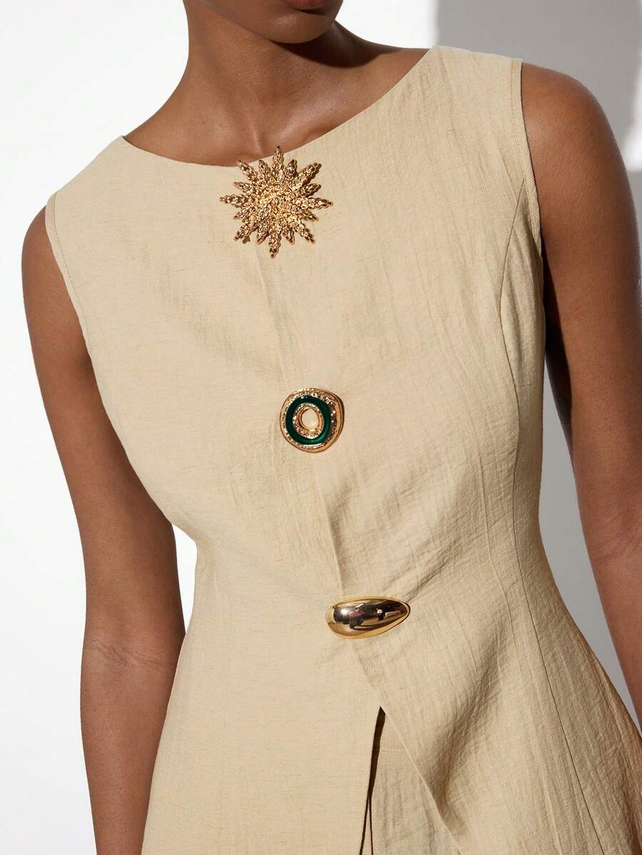 Maija Bộ vest và quần short mùa hè kiểu dáng thường ngày, có khóa kim loại. - Màu Khaki - Xem 1