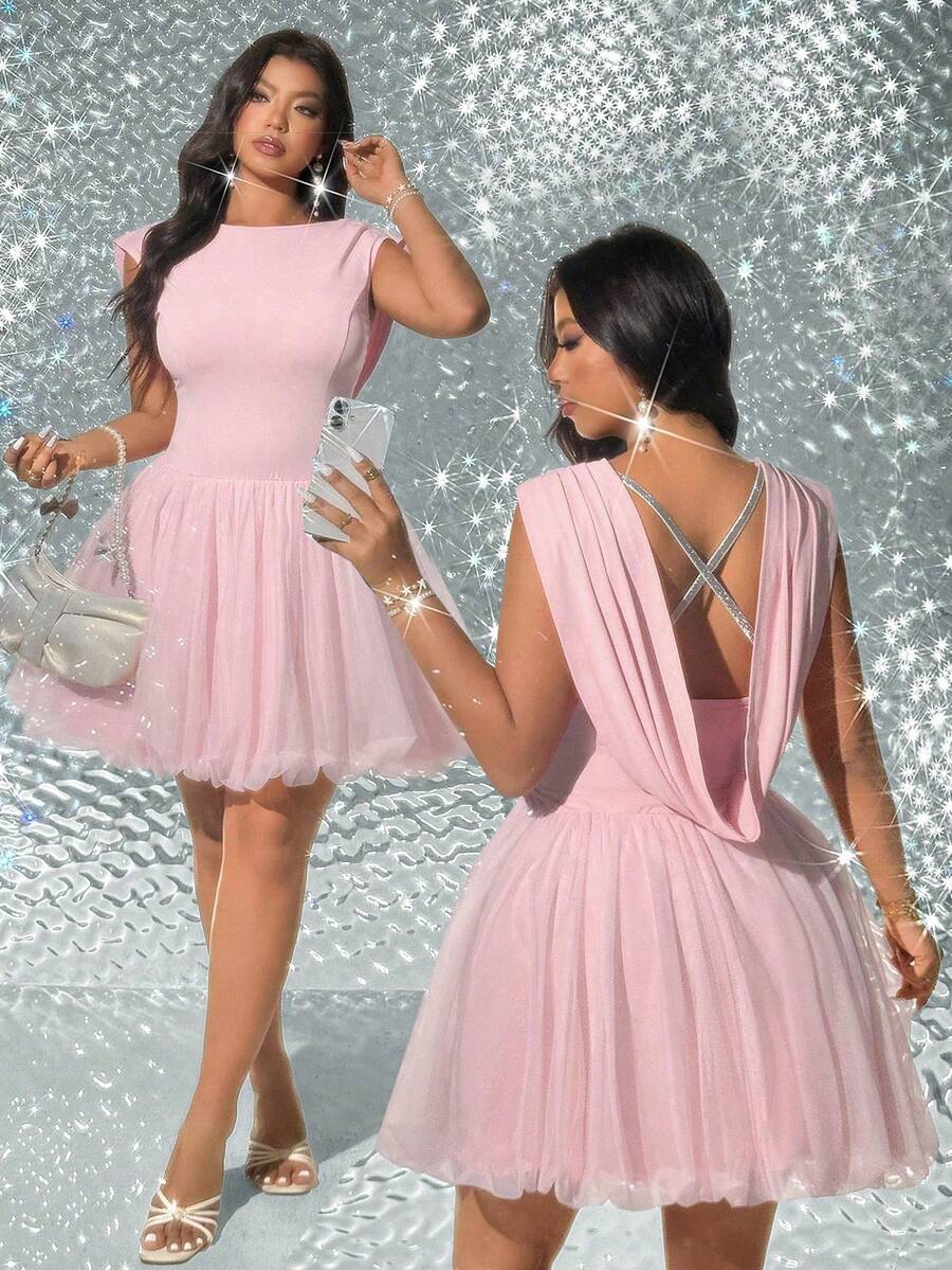 Viva Relle Plus Size Mesh Patchwork Backless Sleeveless Party Dress - Pink - View 1