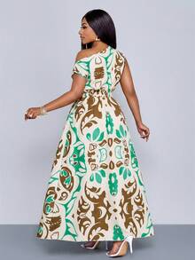 SOLERSUN 大码春夏时尚优雅通勤休闲斜肩短袖大摆裙收腰艺术街海滨度假约会旅行女模特 - 綠色 - 查看 3