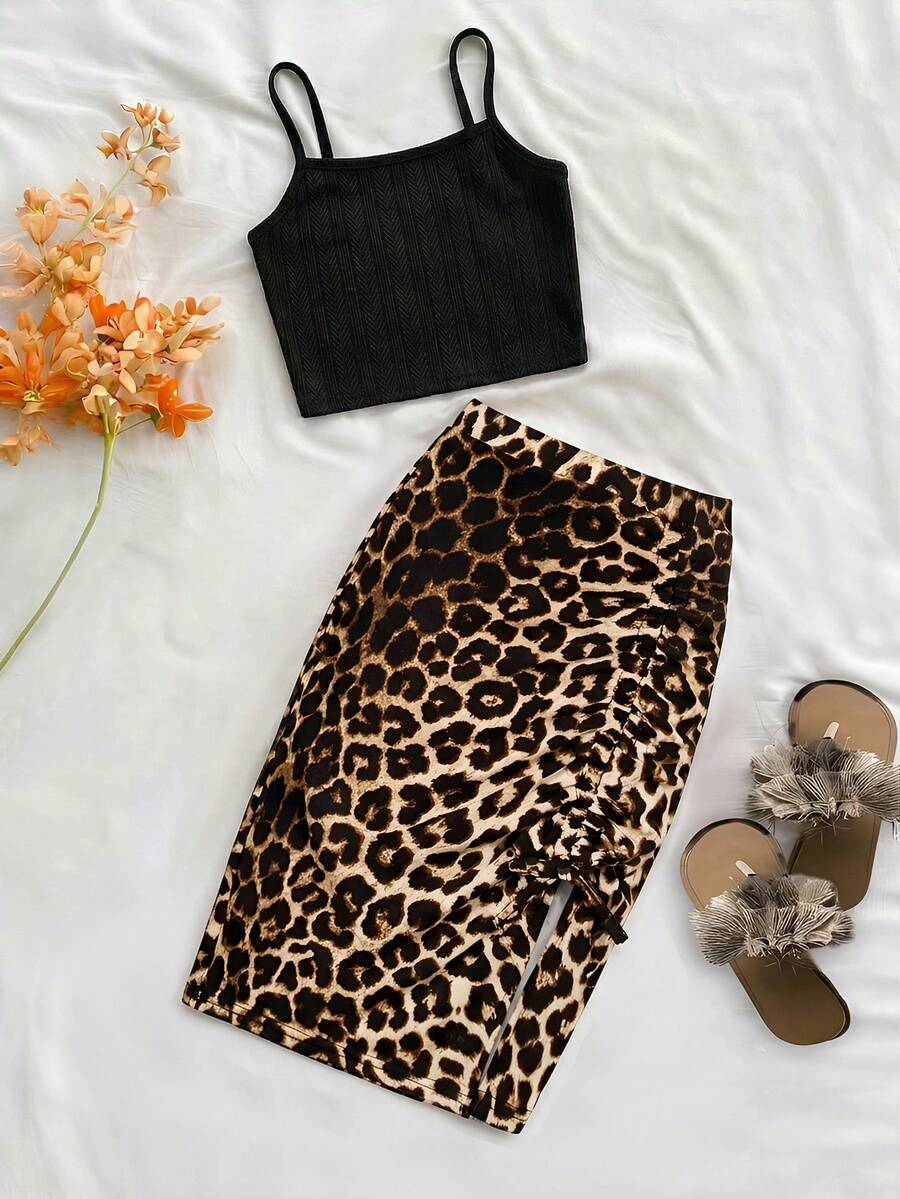 SHEIN 女童无袖纯色夏季背心套装 - 黑色 - 查看 1
