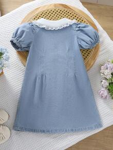 SHEIN Genkimix Kids 女童夏季休閒愛心刺繡泡泡袖牛仔洋裝 - 淺色水洗藍 - 查看 2