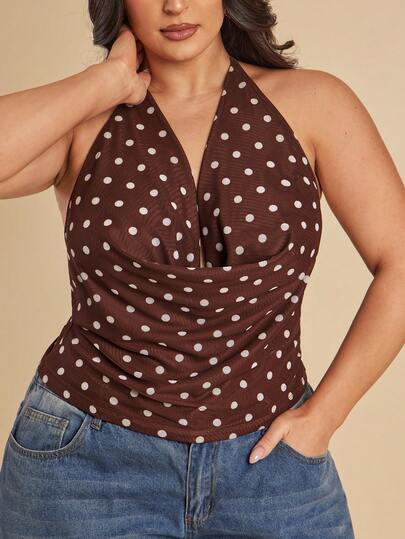 SHEIN BAE Plus Size Women's Brown Polka Dot Semi-Sheer Draped Neck Tie Front Blouse, Sexy Top, Suitable For Beach Vacation, Beach Wear,Summer,Spring Outfit Women,Easter Outfit Women,Party,Top For Wedding Guest,Bridesmaid Top,Graduation,Casual Outfit ,Vacation Outfits Women,Summer Holiday Outfits,Y2k,Office Attire For Women,Festival,St Patrick's Day,Going Out,Beach,Top For Women Plus Size,Curve,Plus Size,Elegant Party Top,Top For Wedding Guest,Graduation Outfit For Mother,Casual,Holiday Outfits,Y2k,Mesh Top