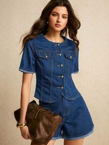 Poéselle Bộ áo và quần short denim nữ kiểu dáng thường ngày, thích hợp cho mùa hè. - Rửa trung bình - Xem 4