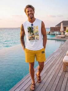 VIVINTIMO 2 件套时尚休闲成熟度假椰子树照片和字母印花修身背心和短裤套装，适合男士，是完美的夏季度假、约会、派对装，是送给男朋友的理想礼物，也是男士沙滩装 - 彩色 - 查看 2