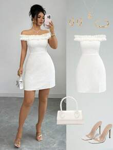 Elenzga Women's Elegant Embossed Jacquard Off Shoulder Cinched Waist A-Line Short Dress - Apricot - View 1