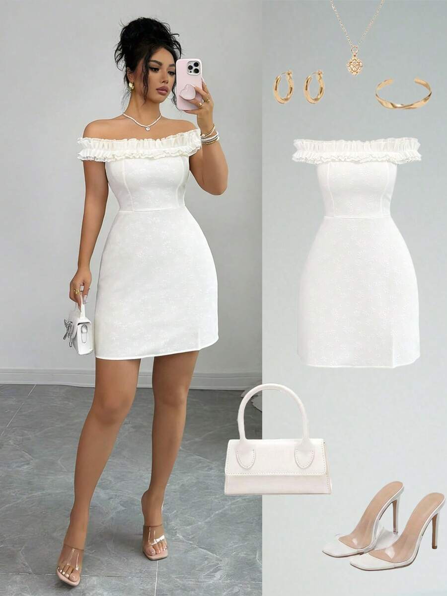 Elenzga Women's Elegant Embossed Jacquard Off Shoulder Cinched Waist A-Line Short Dress - Apricot - View 1