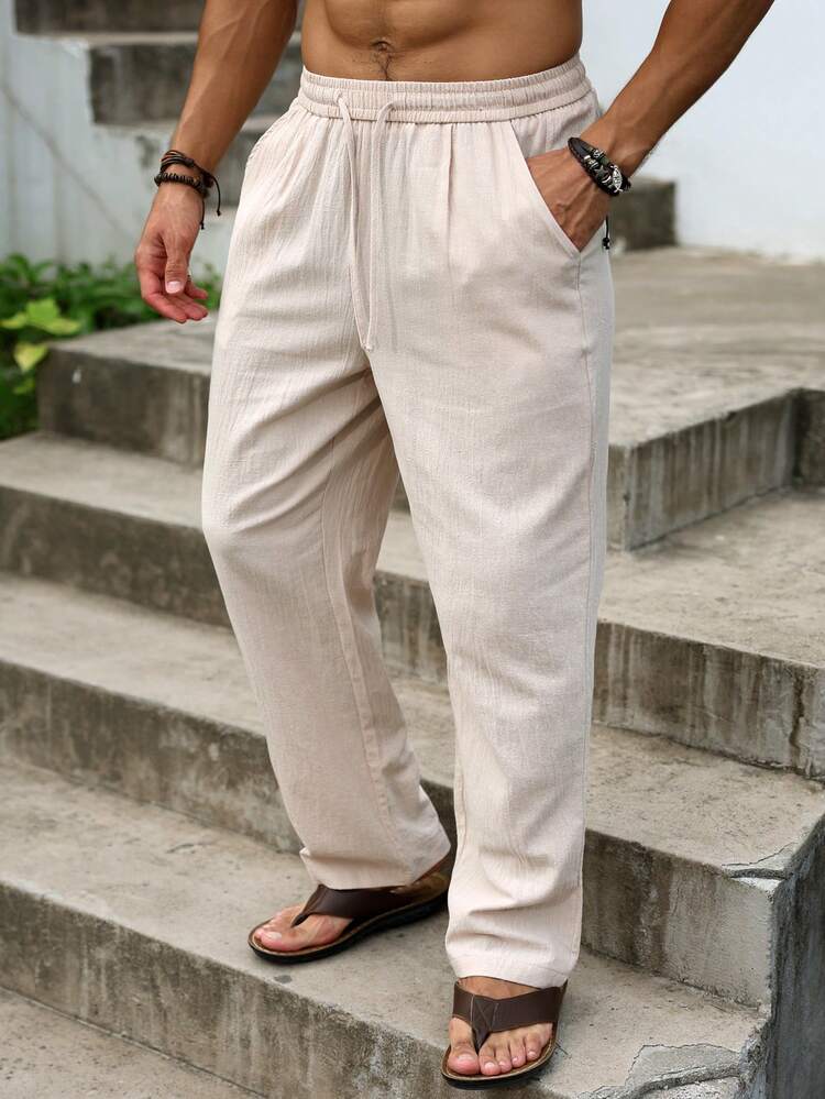 Manfinity RSRT Plus Size Men's Solid Color Drawstring Waist Pocket Casual Everyday Wear Pants Linen Men Pants Men Casual Pants Men Summer Pants Men Linen Pants Pants For Men Casual, Holiday Linen - Beige - View 1