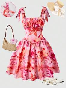 SHEIN 女童纯色收腰休闲夏季连衣裙 - 粉色 - 查看 4