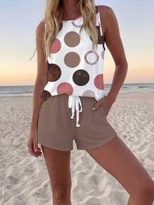 SHEIN LUNE Bộ đồ nữ gồm áo tank top cổ tròn và quần short, thích hợp cho mùa hè. - Nhiều màu - Xem 3