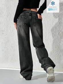 SHEIN ICON Quần jeans nữ thường ngày có túi và nút - màu đen - Xem 2