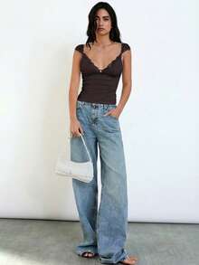 Maija 2025夏季新款优雅蕾丝领拼接修身腰部休闲衬衫，适合婚礼宾客、早午餐、机场、度假、音乐节、毕业典礼、日常穿着。 - 棕色 - 查看 2