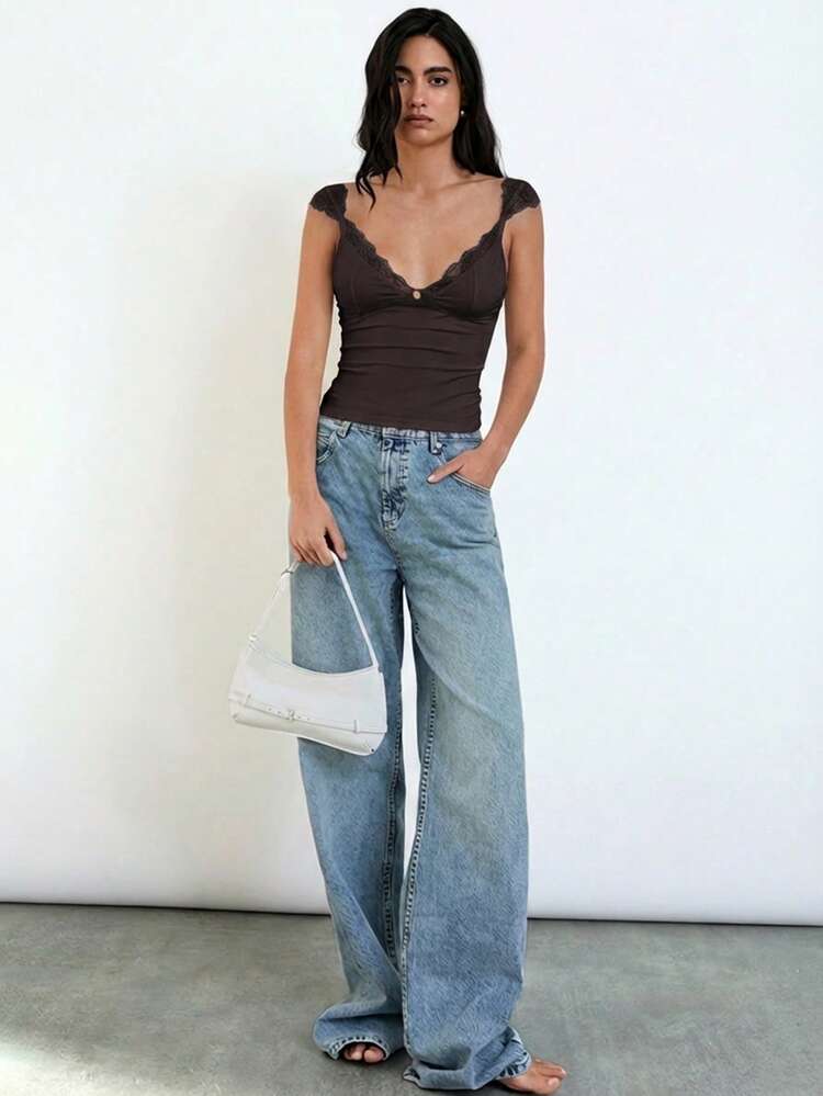 SHEIN Maija 2025 Summer New Arrival Elegant Lace Collar Splice Slim Waist Casual Blouse, Suitable For Wedding Guest, Brunch, Airport, Vacation, Music Festival, Graduation, Daily Wear