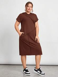 SHEIN Essnce 大码女式拼接缝线设计宽松休闲连帽连衣裙 - 駝色 - 查看 4