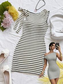 Trelyra Đầm ngắn trễ vai kẻ sọc mới dành cho nữ, gợi cảm và thanh lịch. - Nhiều màu - Xem 1