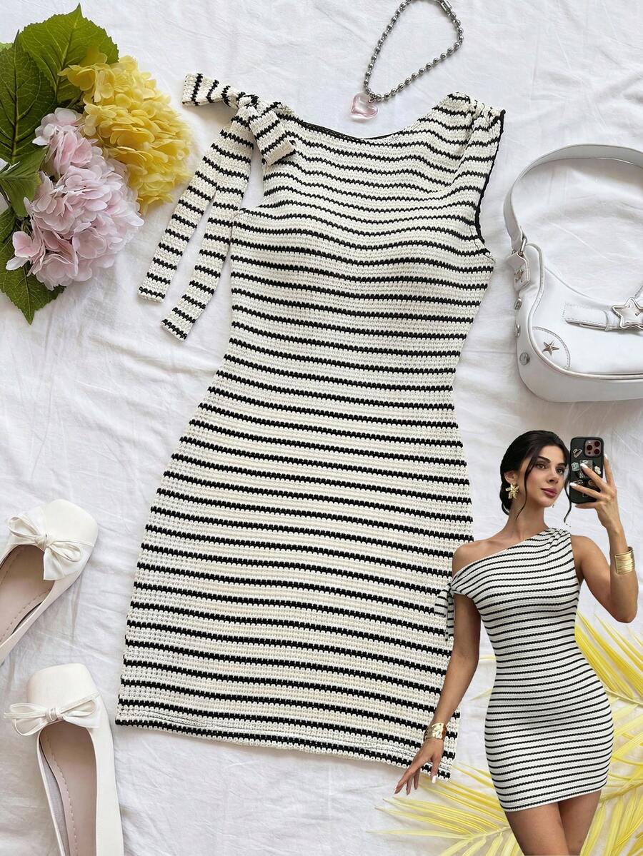 Trelyra Đầm ngắn trễ vai kẻ sọc mới dành cho nữ, gợi cảm và thanh lịch. - Nhiều màu - Xem 1