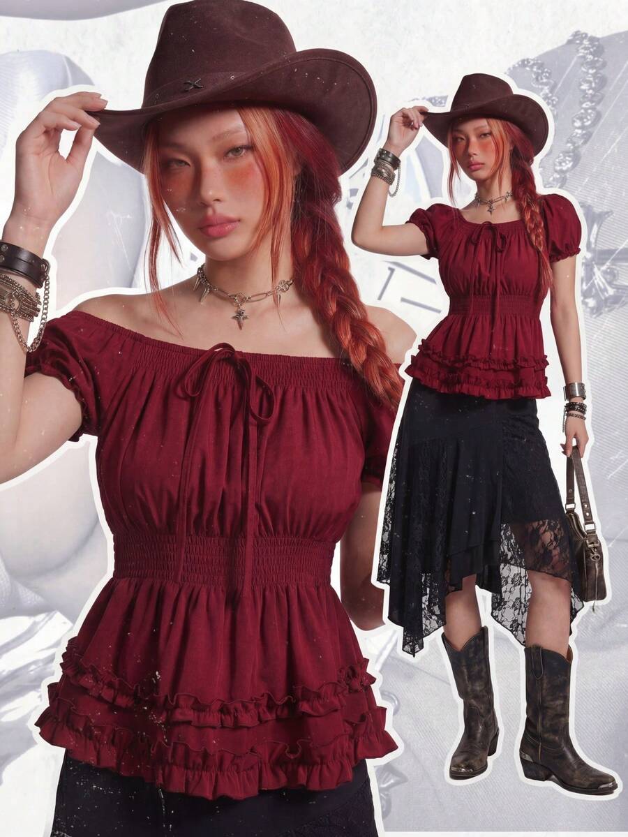 Rina Fox 大码女装新款春夏复古休闲船领露肩双面荷叶边下摆红色纯色T恤上衣,Y2K复古学院风露肩性感设计褶皱腰部红色短袖上衣,适合上学、购物、聚会、日常穿着 - 酒紅色 - 查看 1