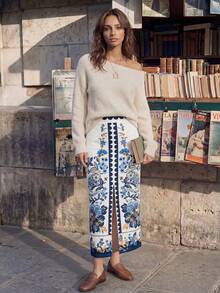 CAJUNI 女士夏季度假印花开衩直筒裙 - 藍色 - 查看 3